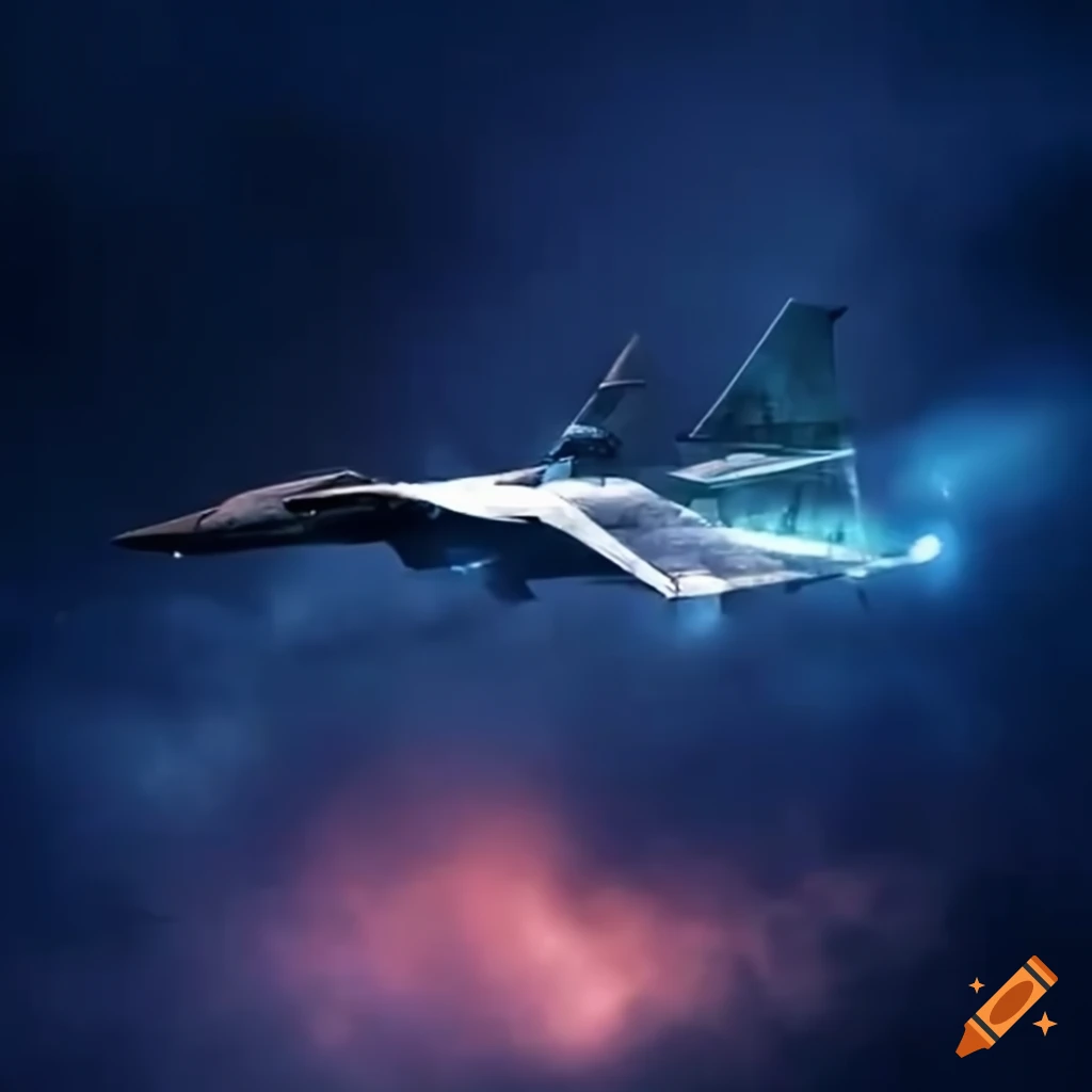 Futuristic fighter jet flying through clouds at night on Craiyon
