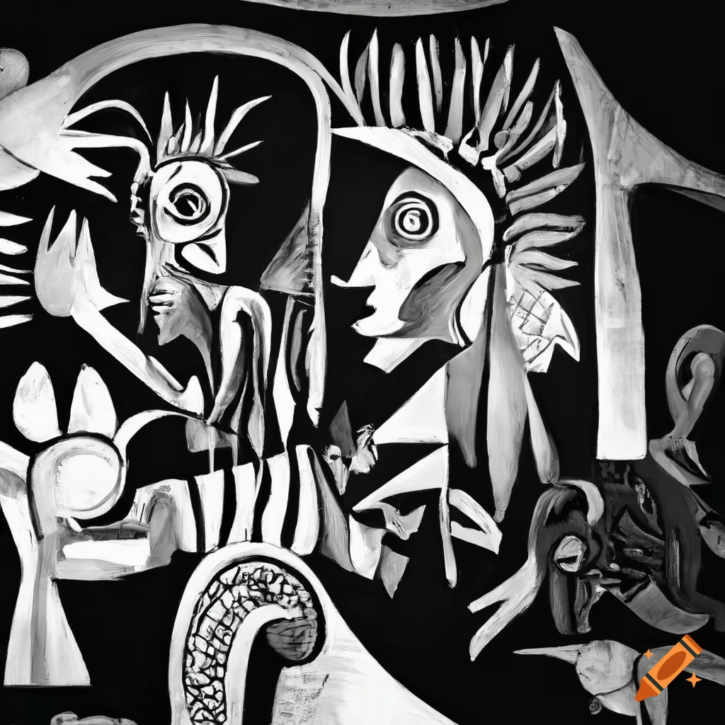 Black and white painting of picasso's guernica on Craiyon