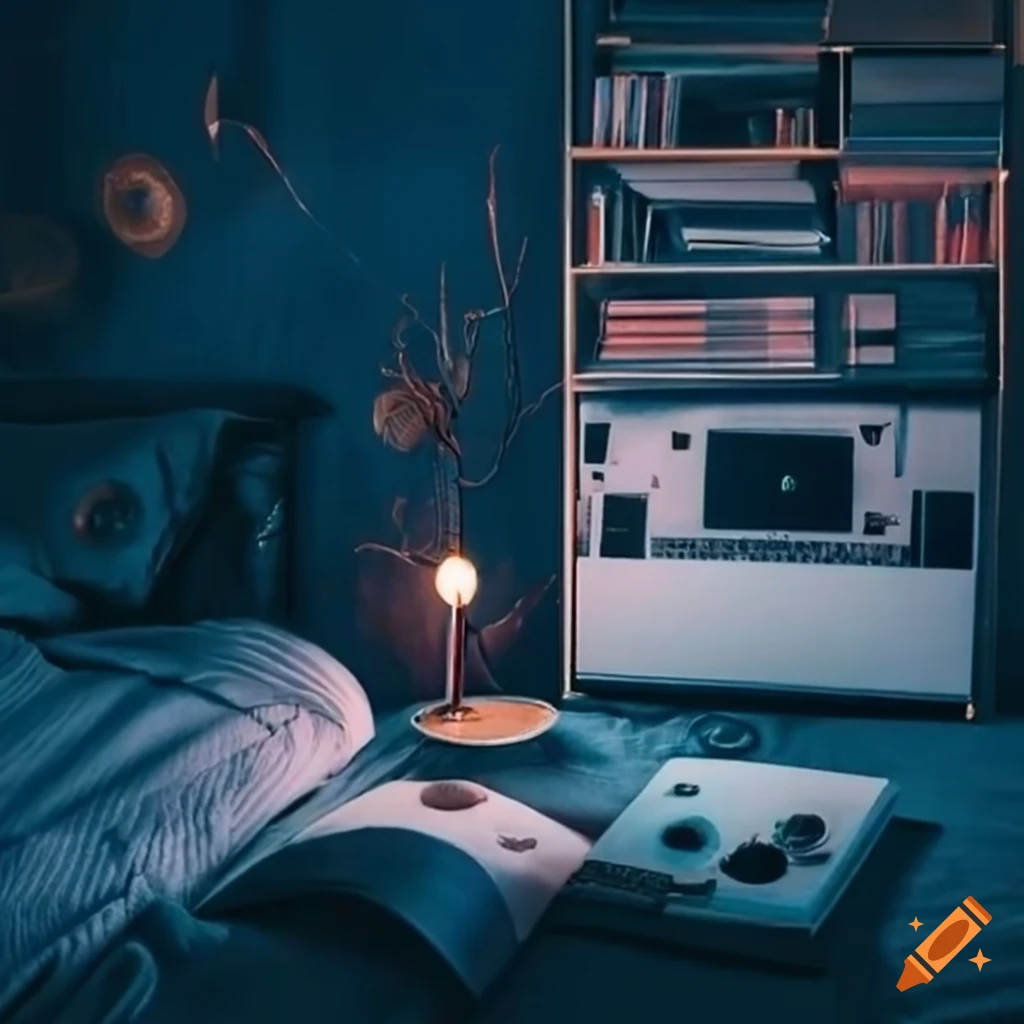 cozy bedroom with books, headphones, and cassette