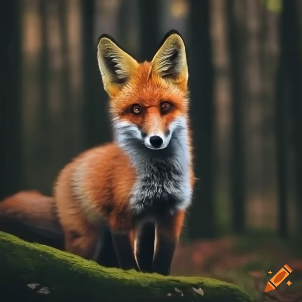 image of an orange fox in a dark forest