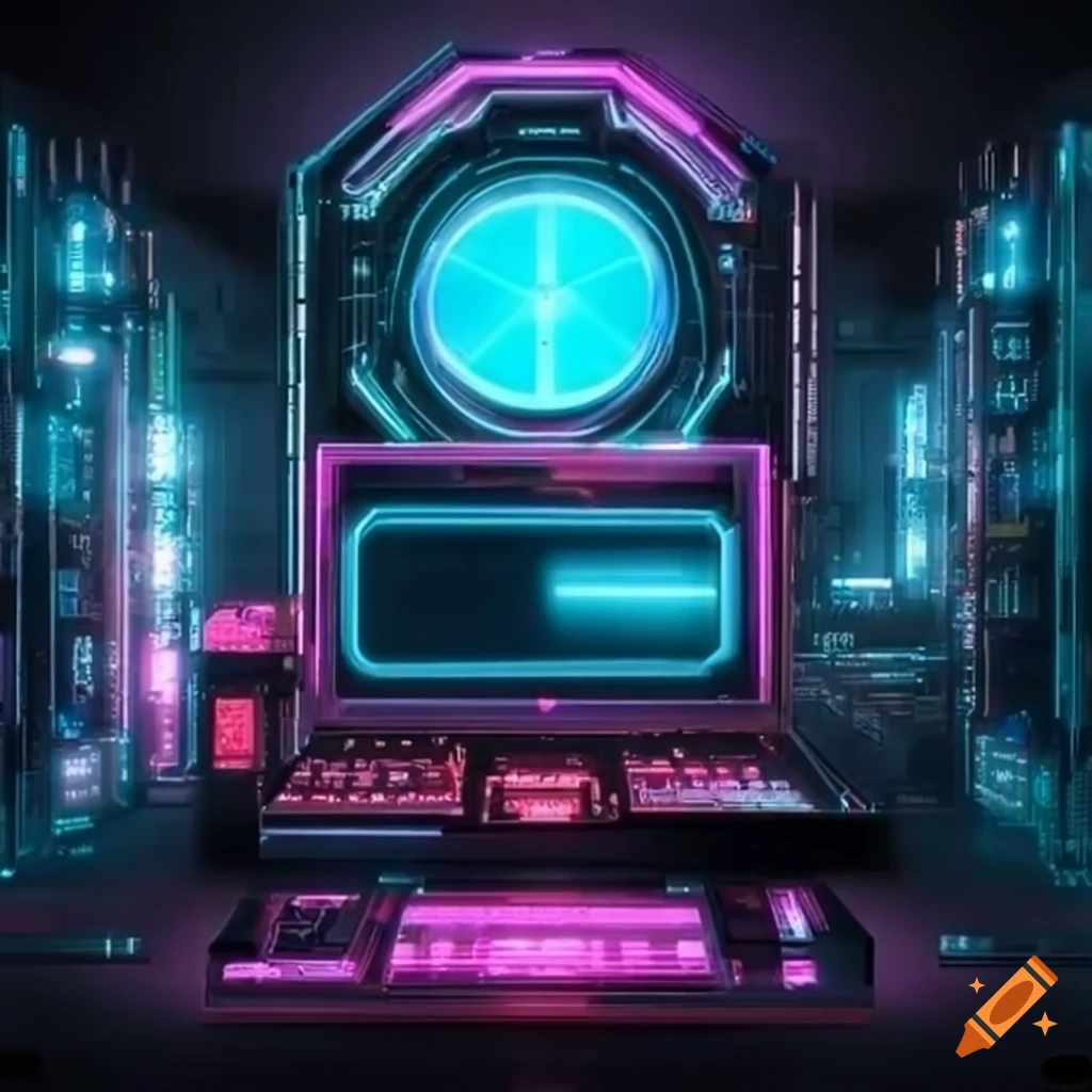 Futuristic cyberpunk computer with neon accents and multiple monitors