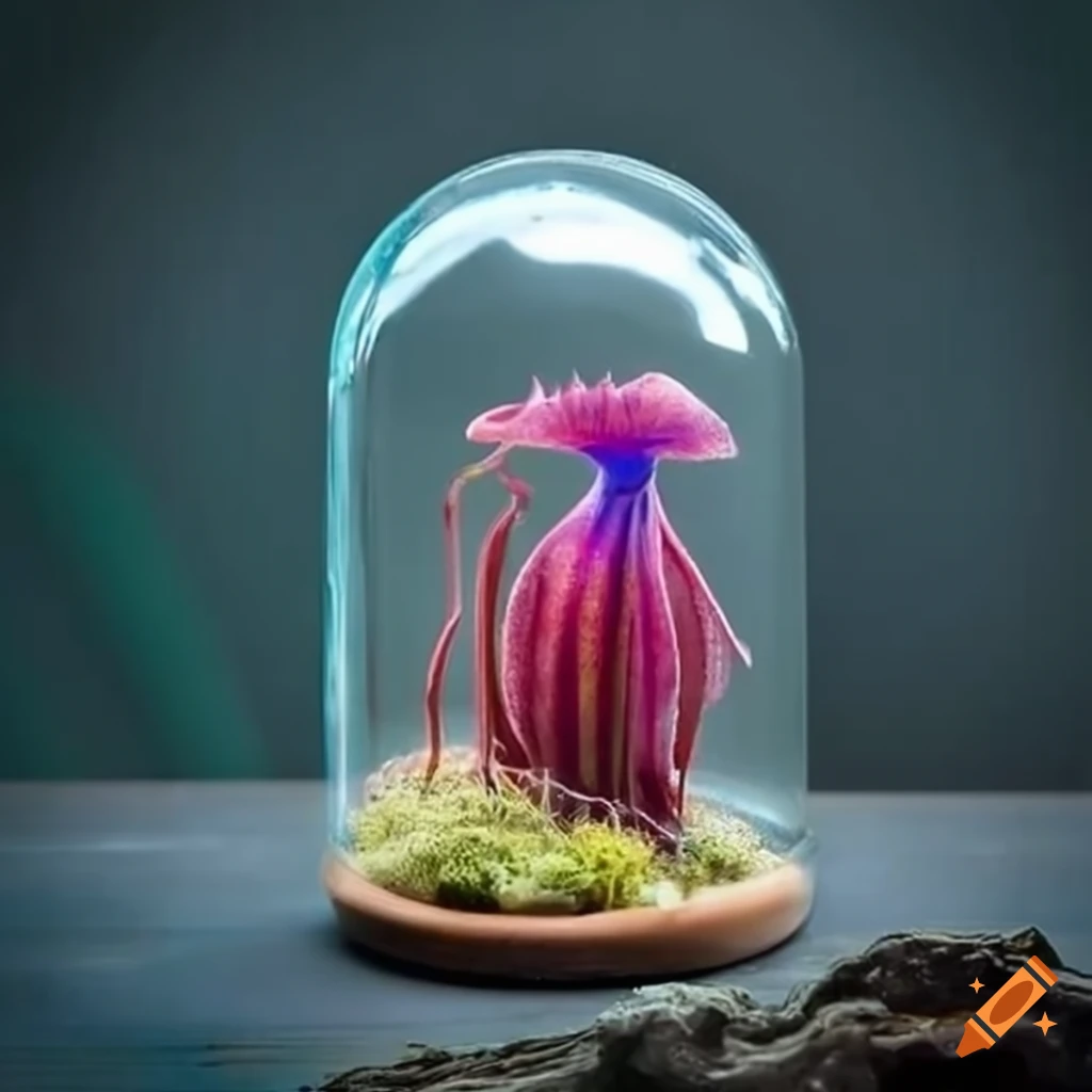 Exotic deep sea creatures growing in a bell jar terrarium