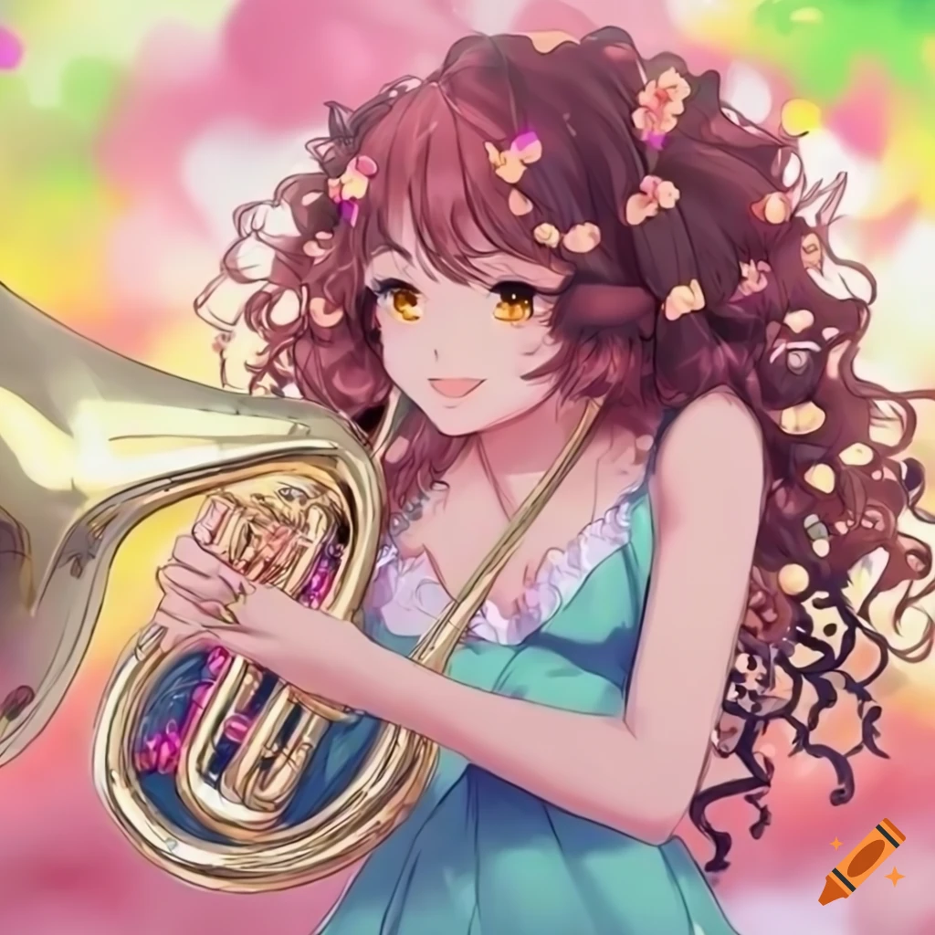 Anime girl playing sousaphone with flowered hair on Craiyon