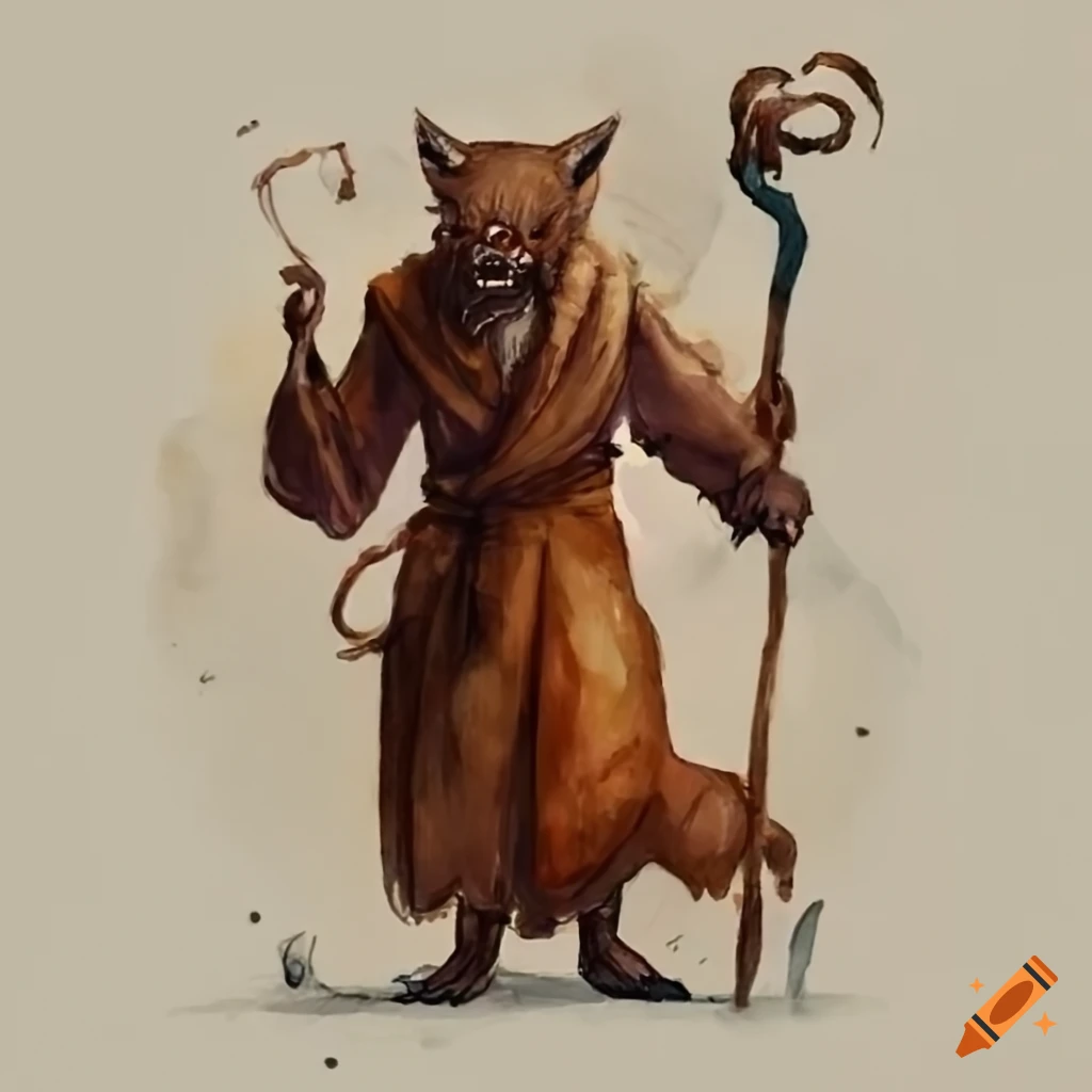 image of a monk holding a staff with a werewolf