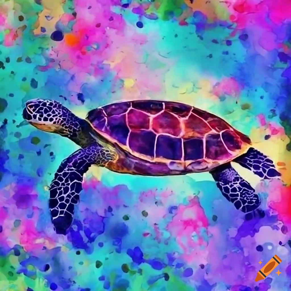 watercolor of a swimming turtle in a colorful ocean