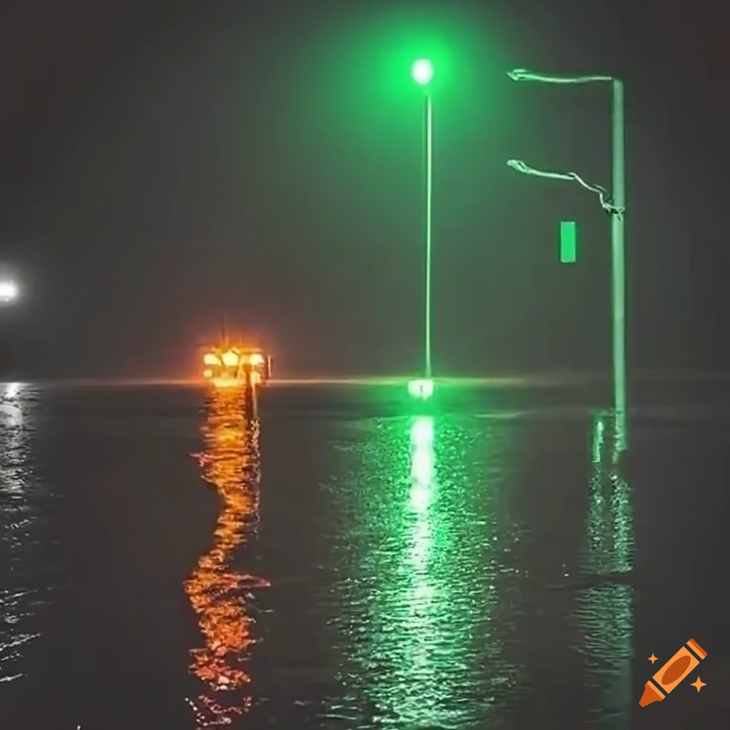 Flashing green light on a flooded road during a rainstorm