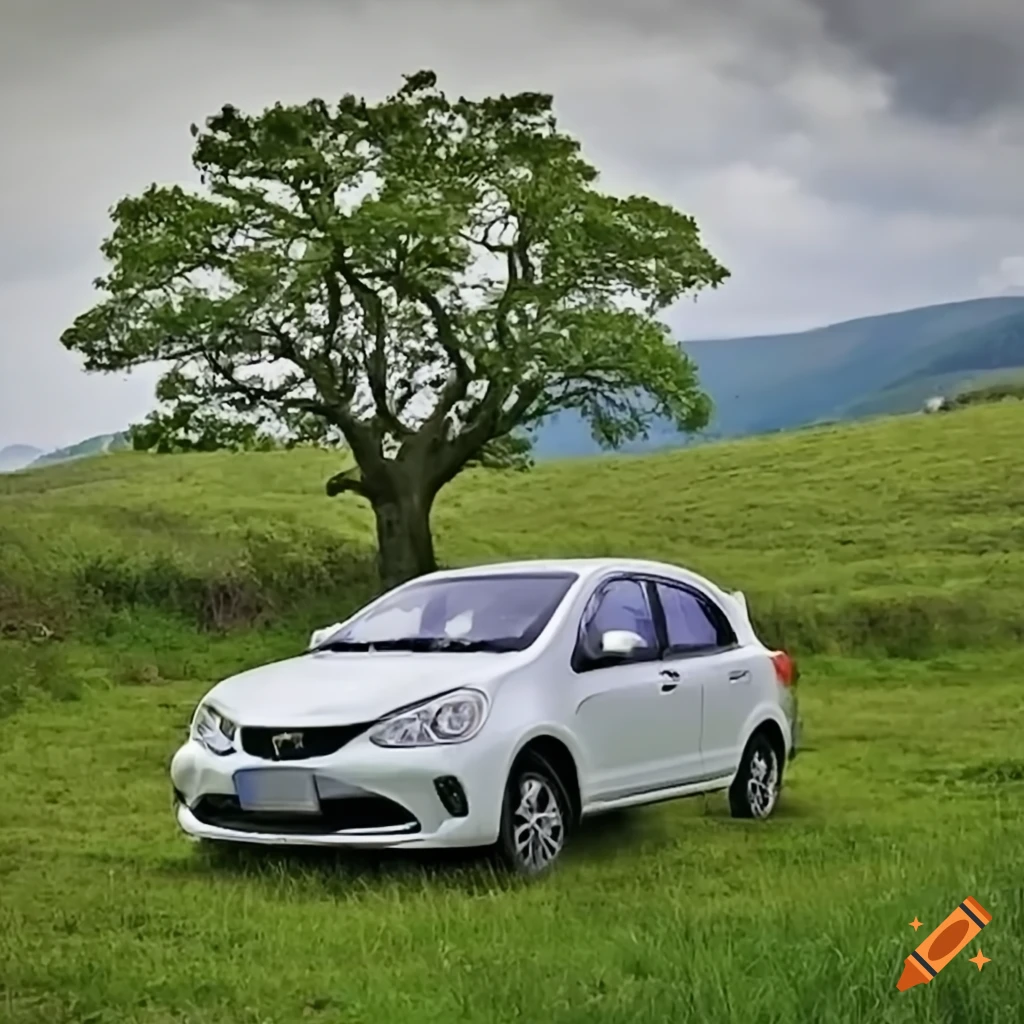 White etios hatchback car under an oak tree beside a riverbank
