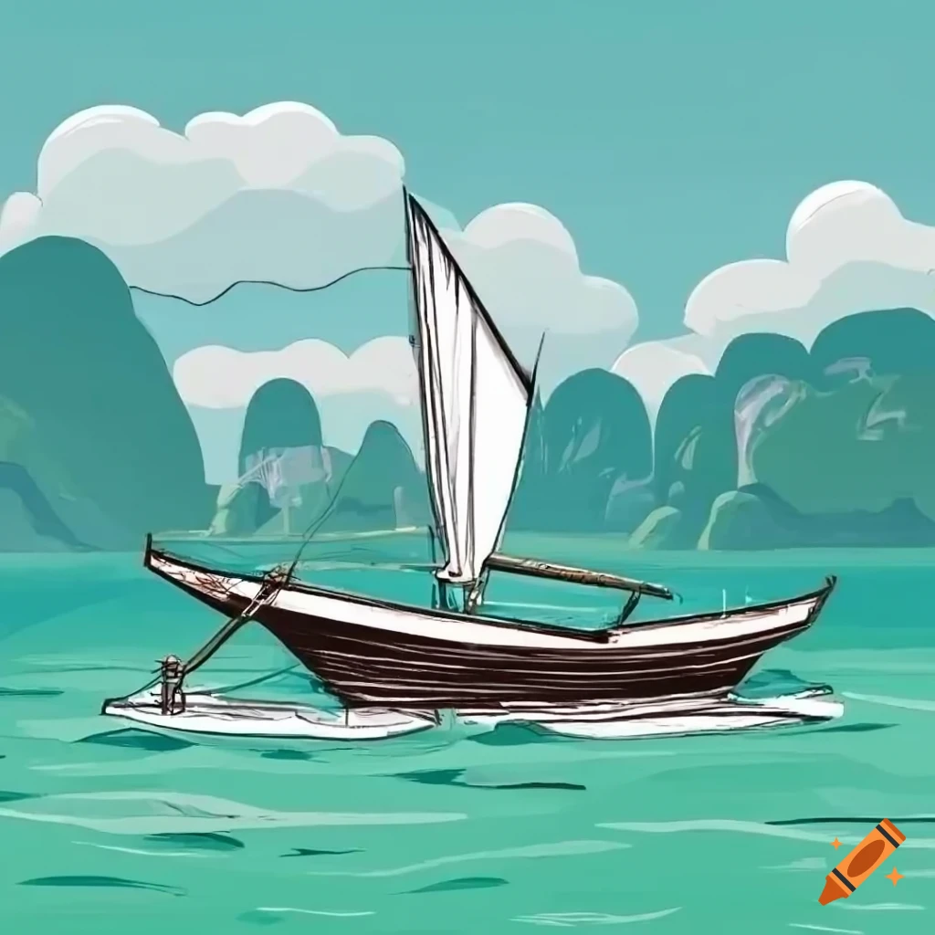 Cartoon coloring page of a fishing boat sailing on ha long bay on