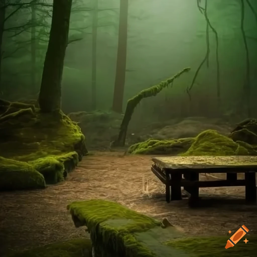 Wooden pergola in a forest with benches and seating steps on Craiyon