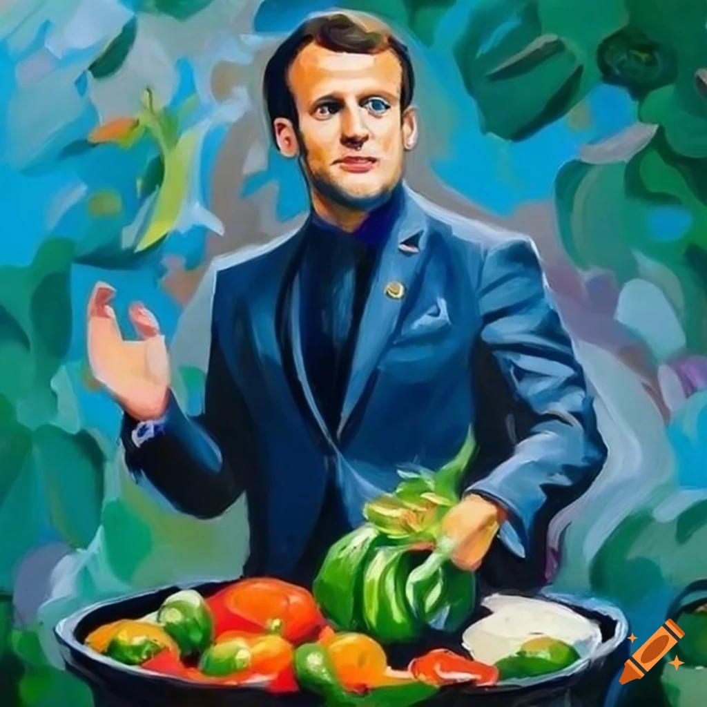 whimsical oil painting of Emmanuel Macron in a cauldron with vegetables