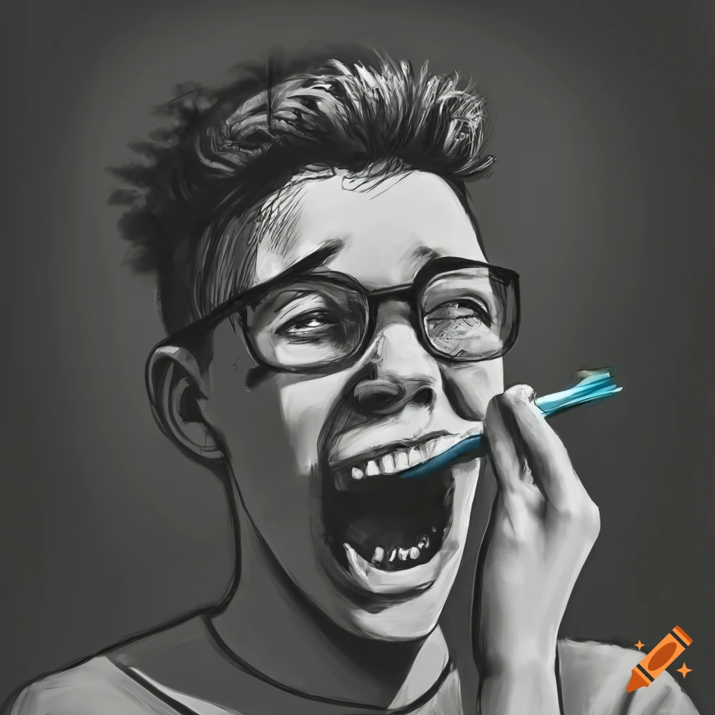 charcoal drawing of a nerdy teenager brushing his teeth