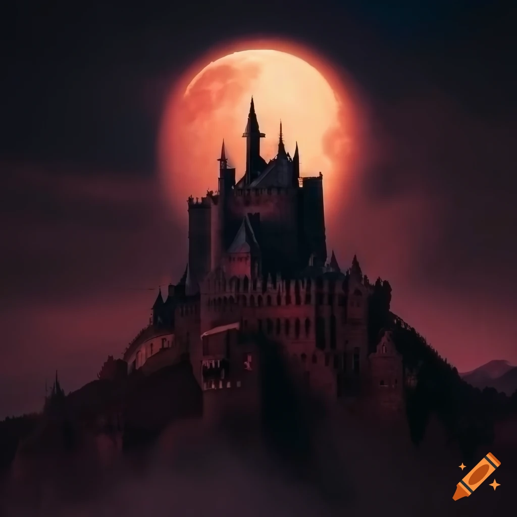 sinister gothic castle in front of red moon mountains