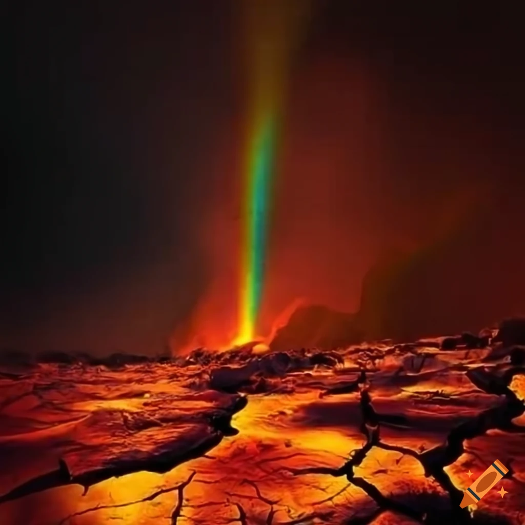 cracked rainbow magma flowing down a smoky volcano