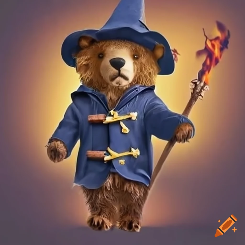 Paddington Bear as a wizard with a flaming staff