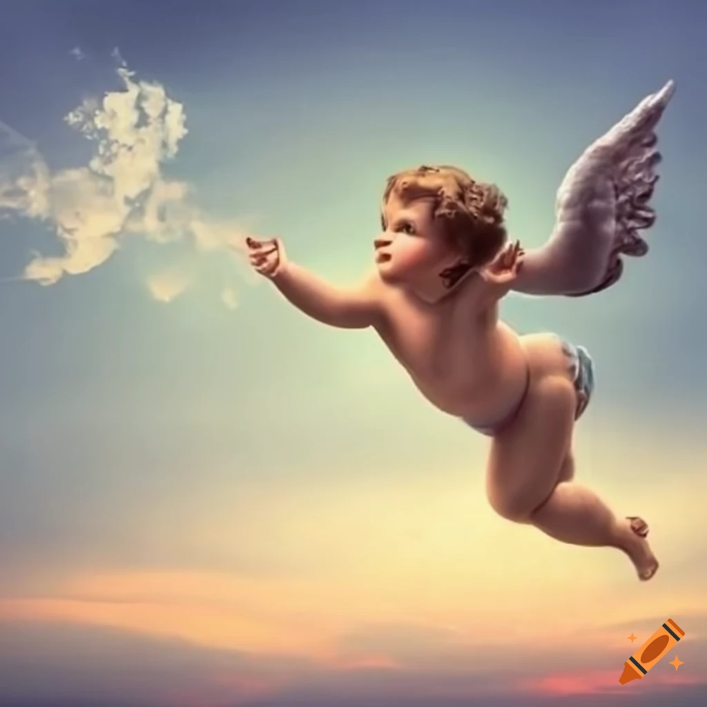 artwork of cherubs descending from the sky
