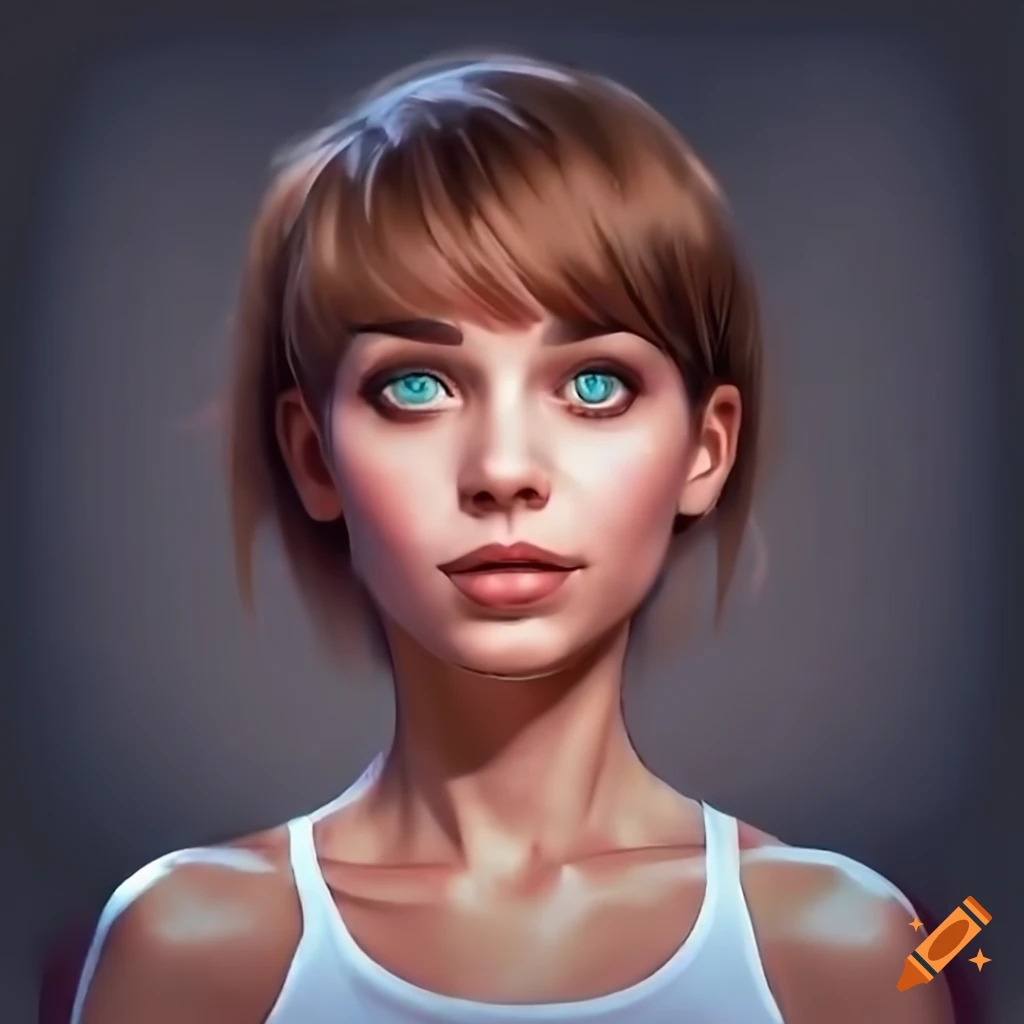 Portrait of a young woman with short brown hair and turquoise eyes on ...