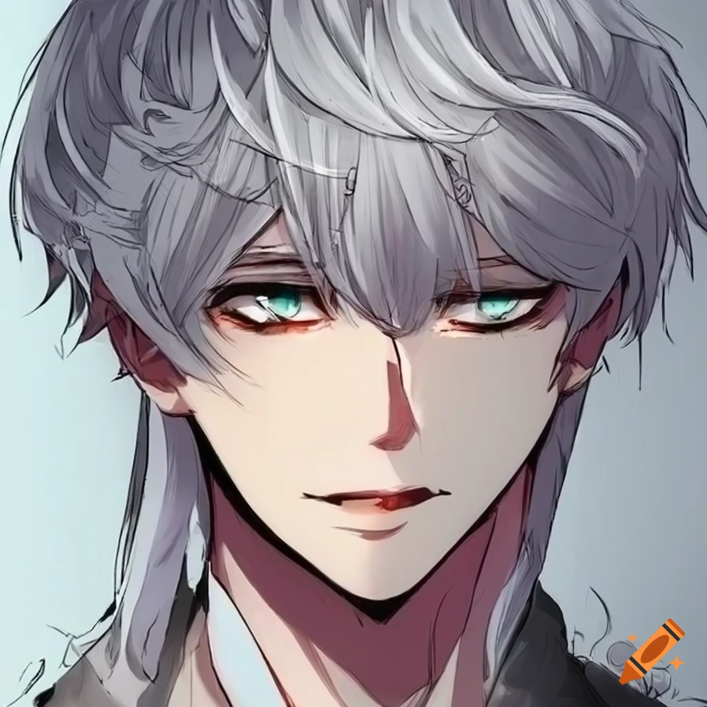 anime character with silver hair and amber eyes