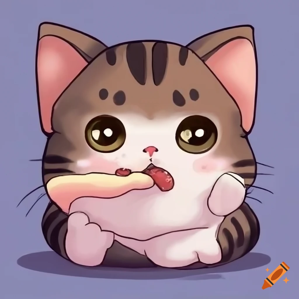 chibi cat eating mochi in pastel colors