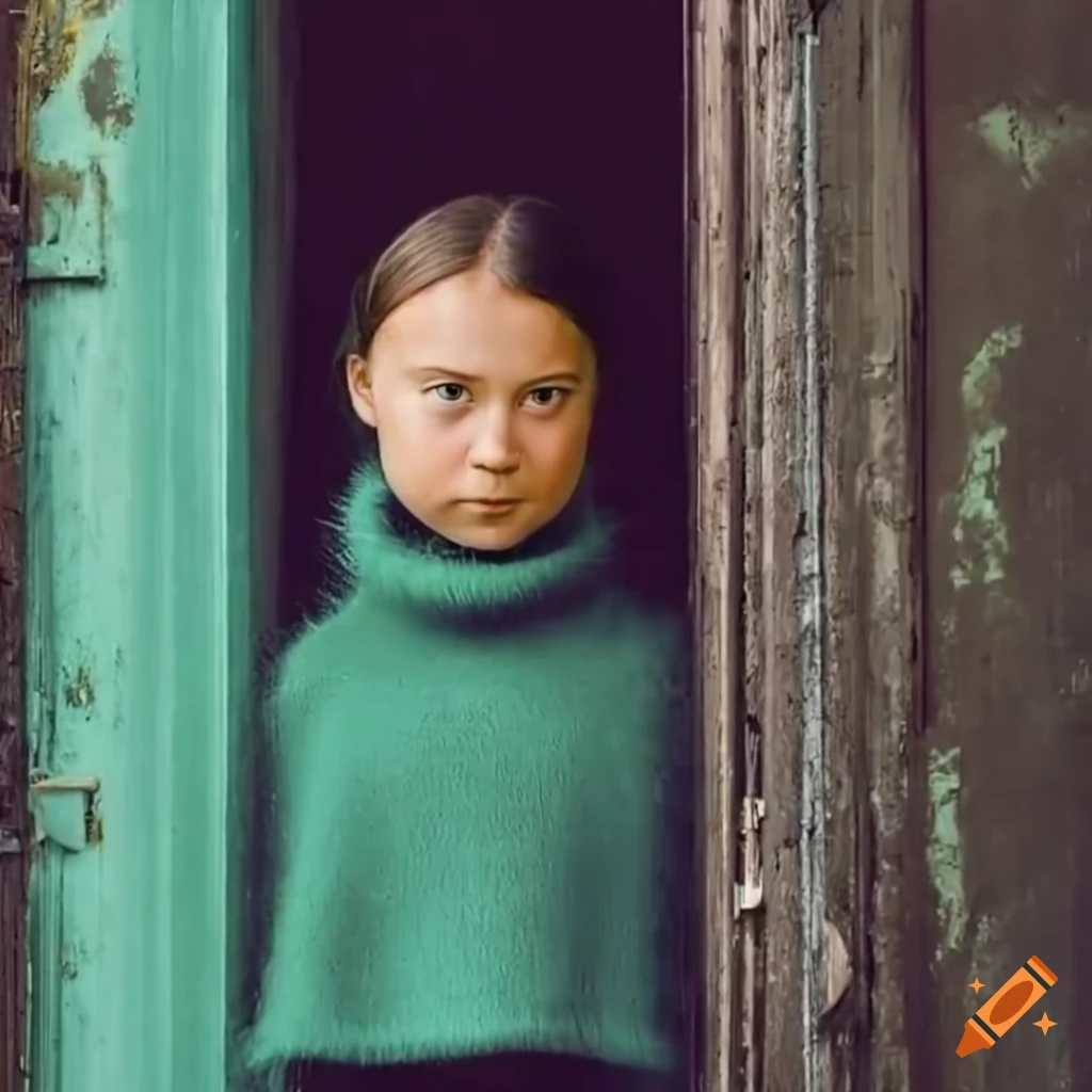 fashionable young woman with green sweater in a derelict building