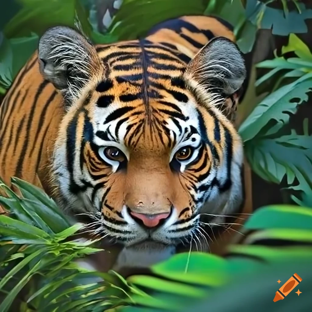 close-up of tiger eyes through jungle leaves