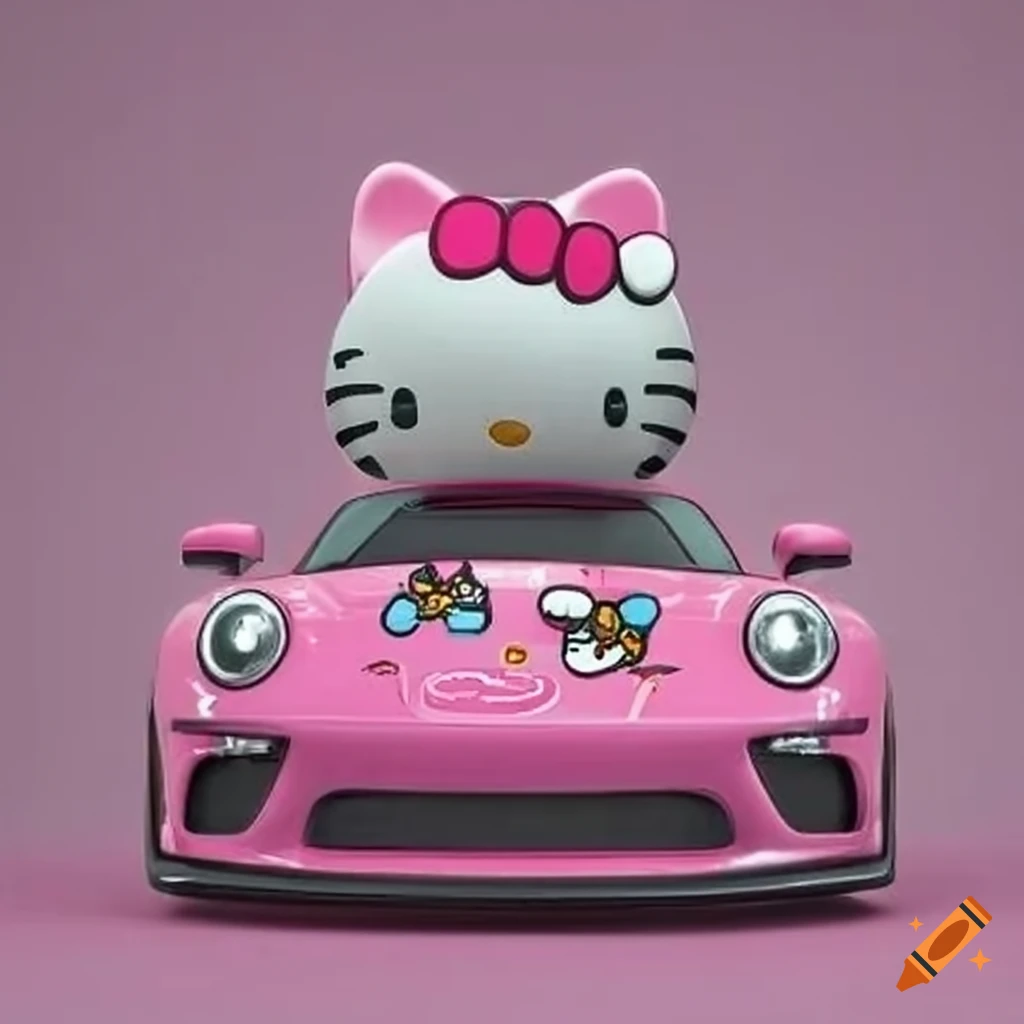 Hello kitty driving a pink porsche gt3 on Craiyon