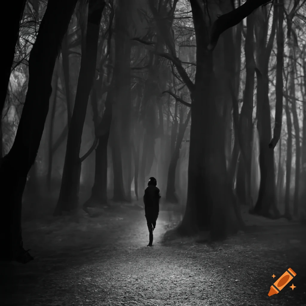 surreal black and white image of a figure walking into light