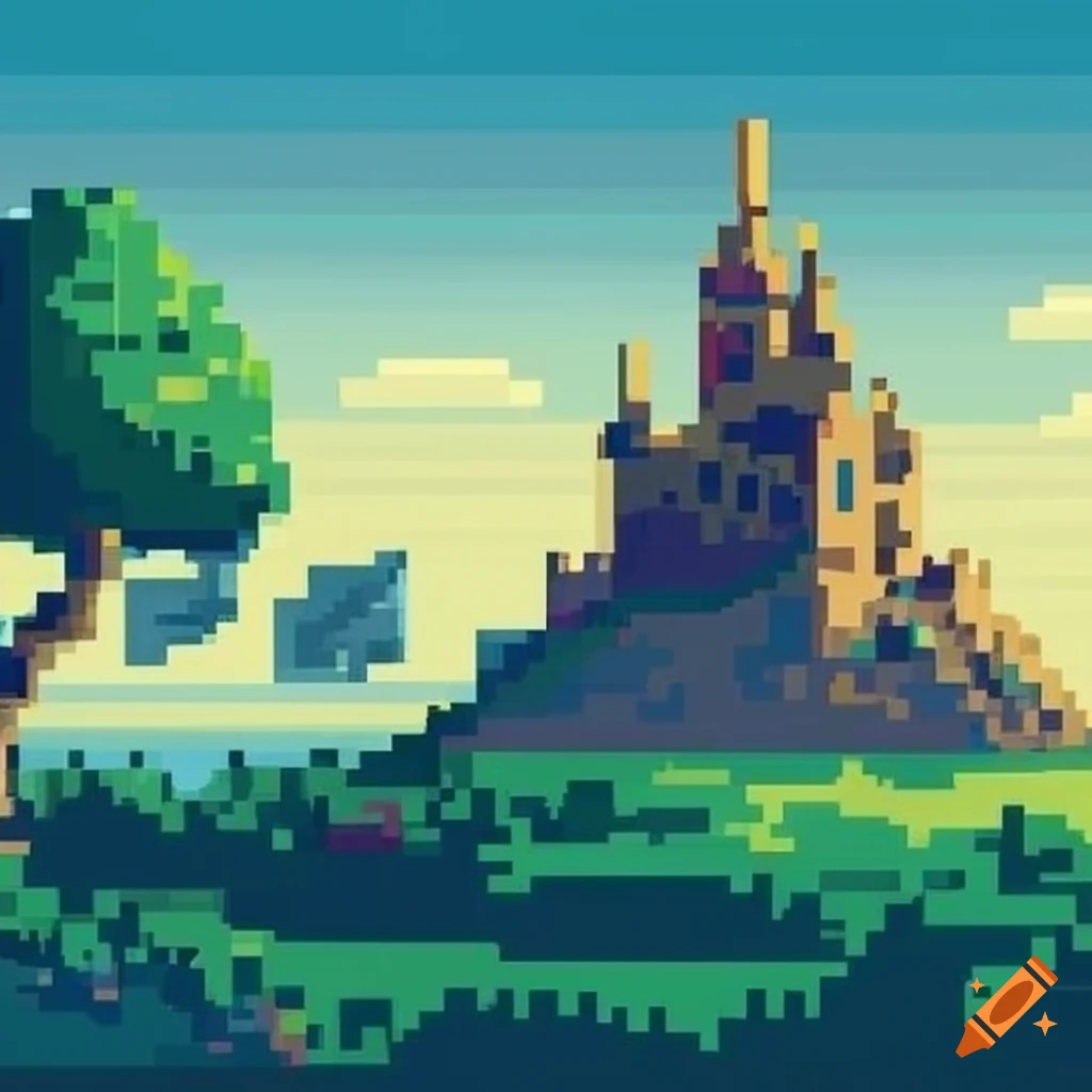 pixel art landscape with a castle