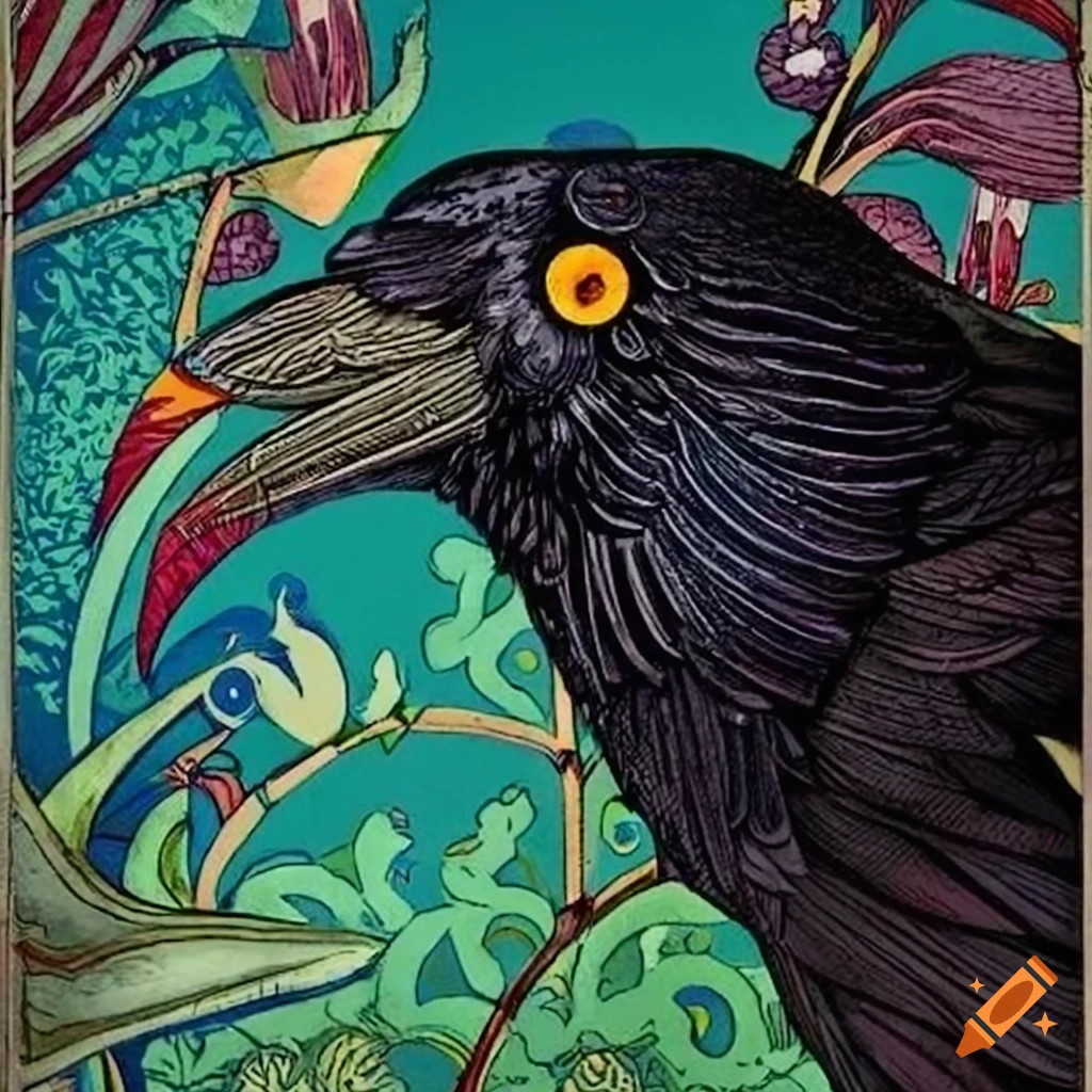 storybook illustration of a Black Raven in a colorful cloak
