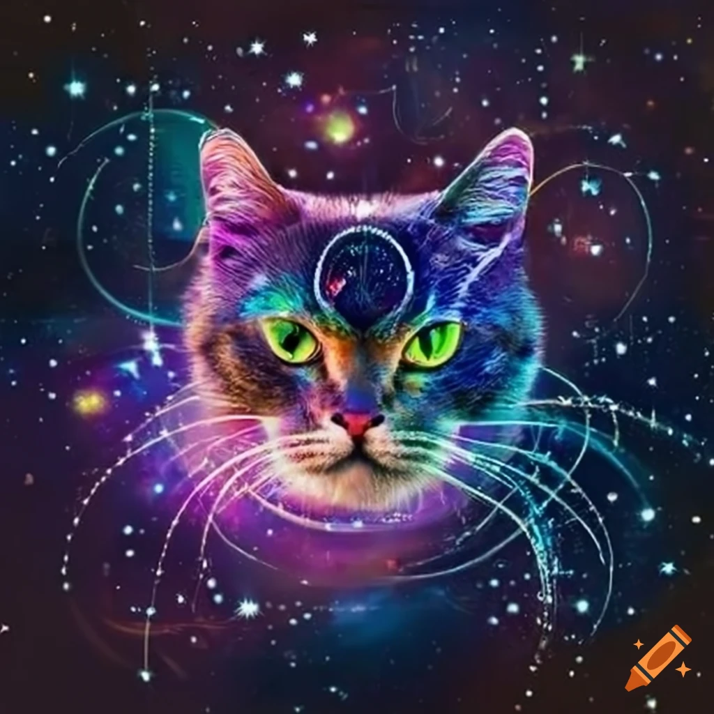 cosmic cat with a floating biohazard symbol