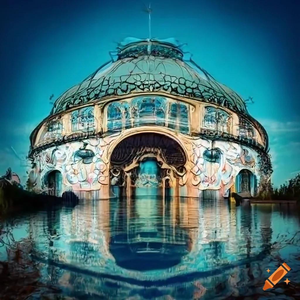 art nouveau courtyard with a fountain and glass windows
