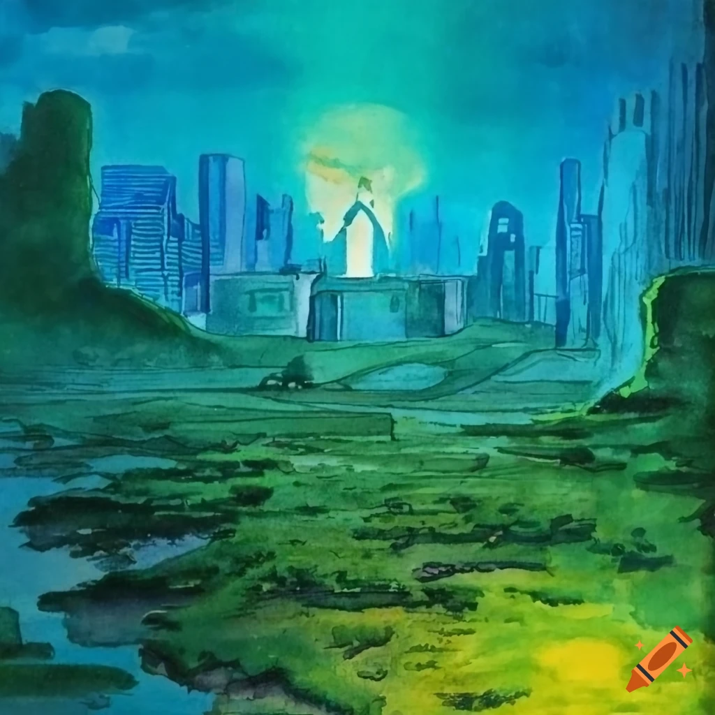 solarpunk landscape illustration with a futuristic city