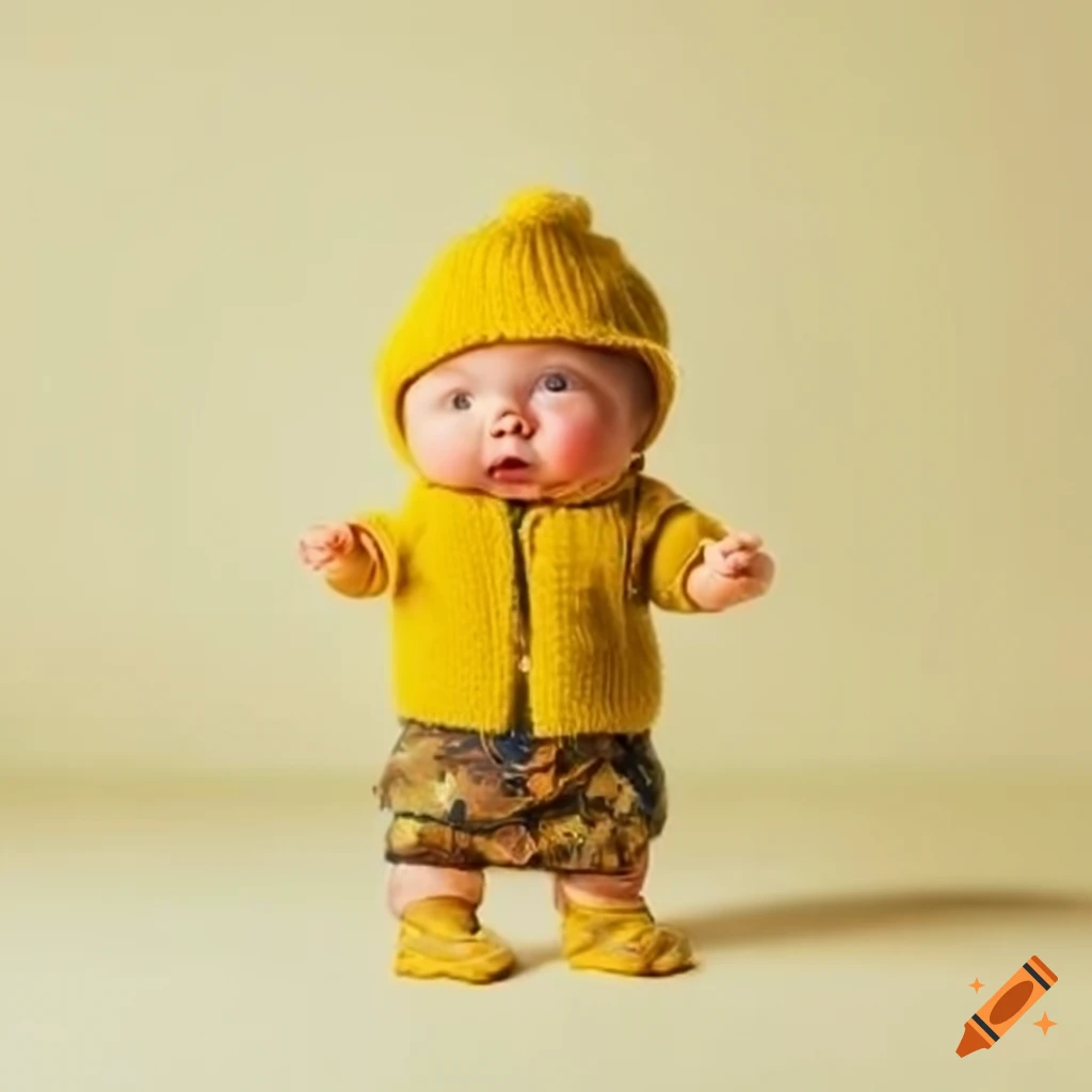 Baby with yellow wool vest covered in mud on Craiyon