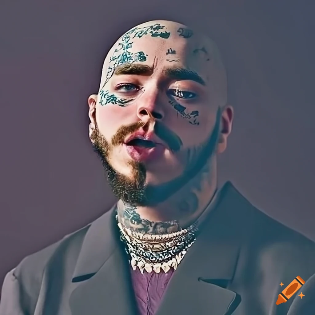 Photoshoot of post malone with a bald and gangster look on Craiyon