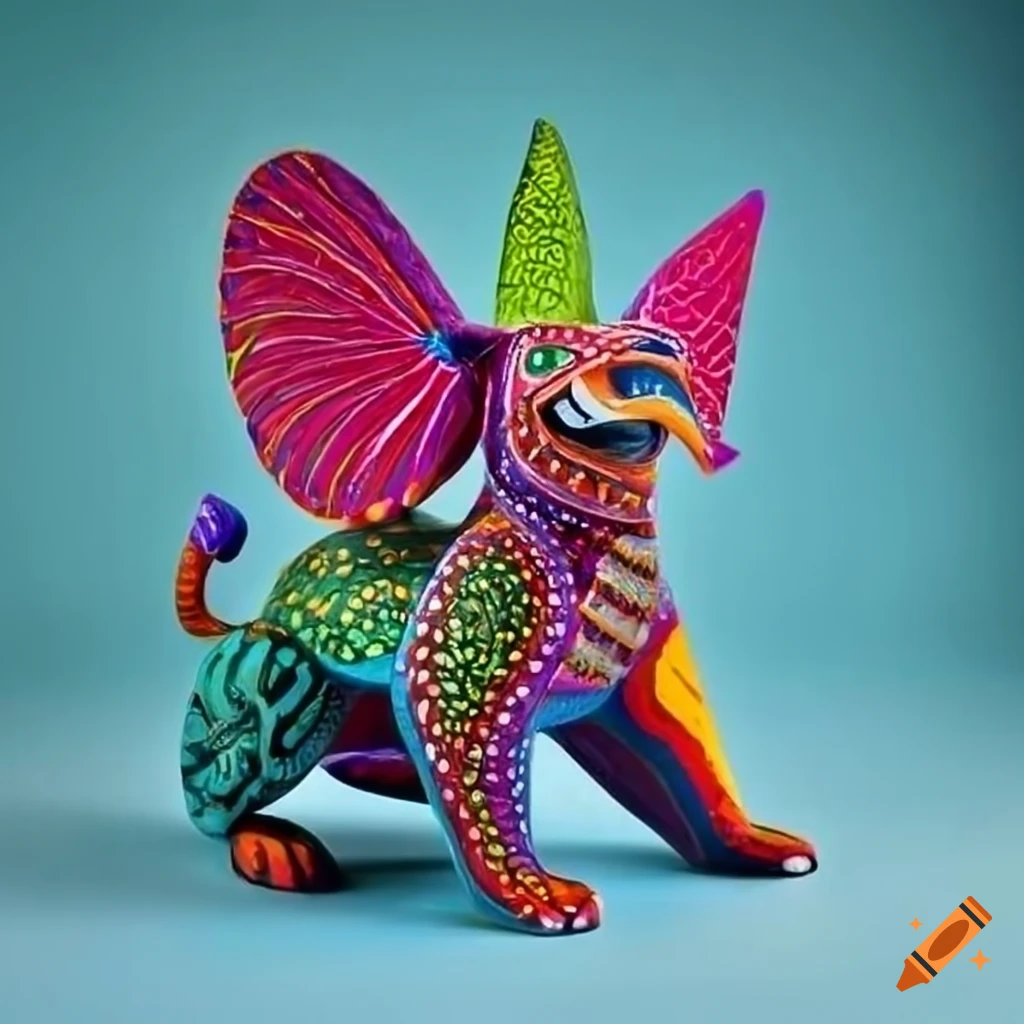 colorful alebrije sculpture with cat, snake, elephant, dog, and fish