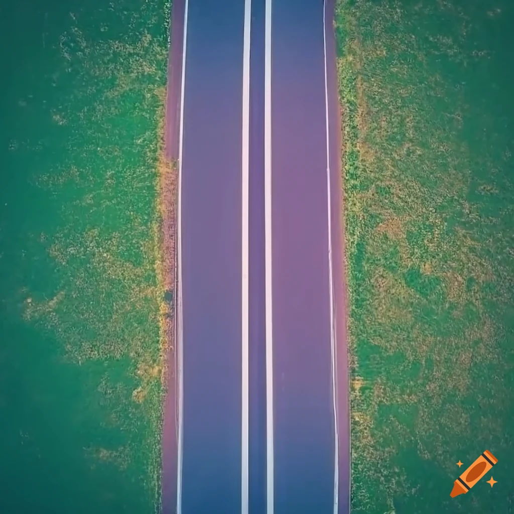 Aerial view of a straight asphalt road cutting through green fields on ...