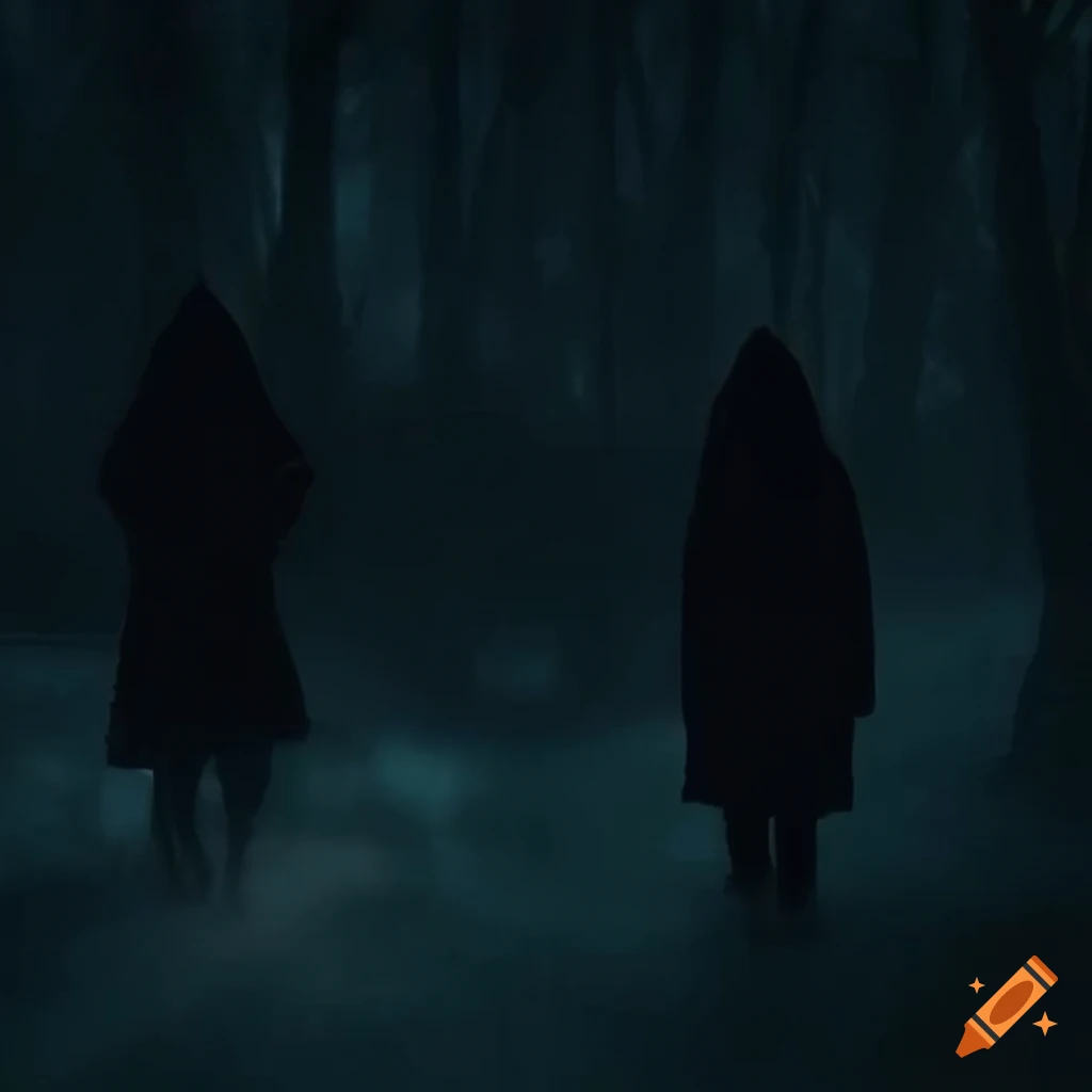 silhouettes in a dark and foggy night with religious symbolism