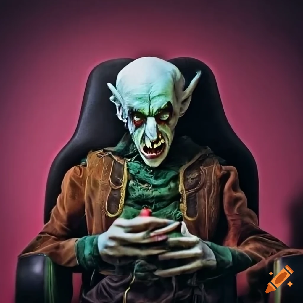 Nosferatu in German lederhosen sitting in a gamer chair