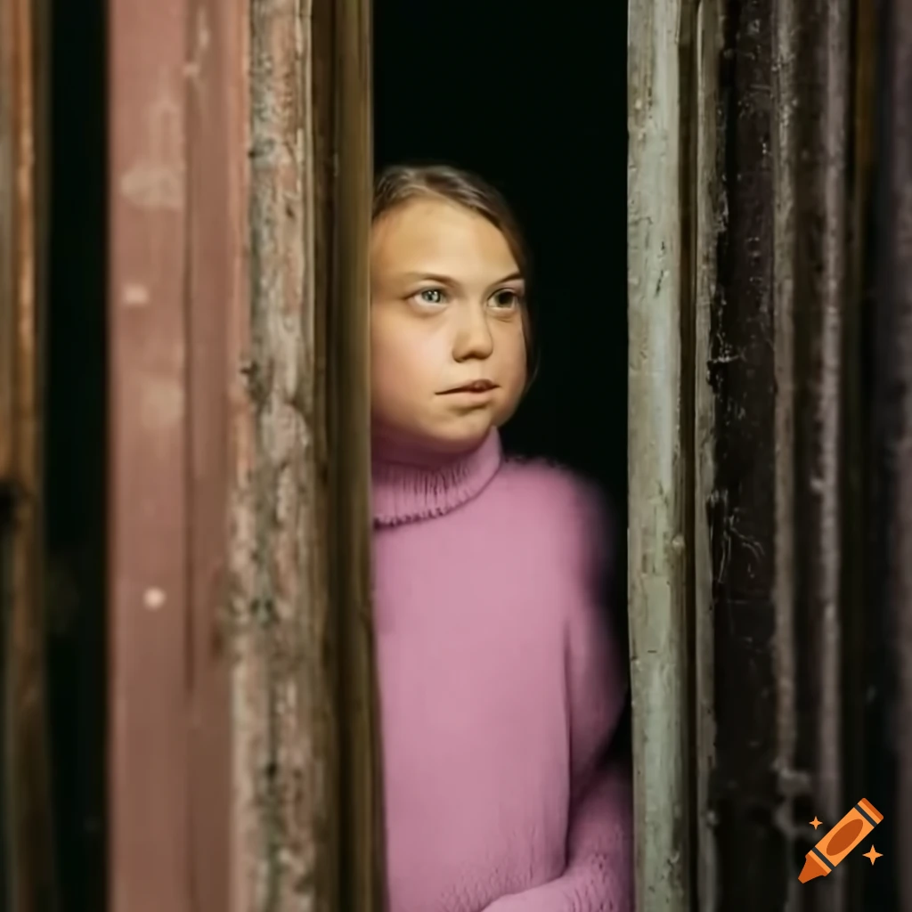 portrait of a young woman in a pink sweater peering through a door