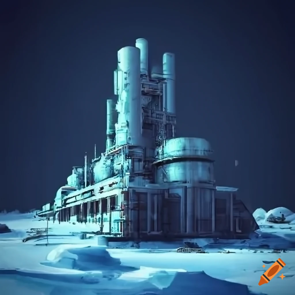 grimdark sci-fi gas refinery in the snow