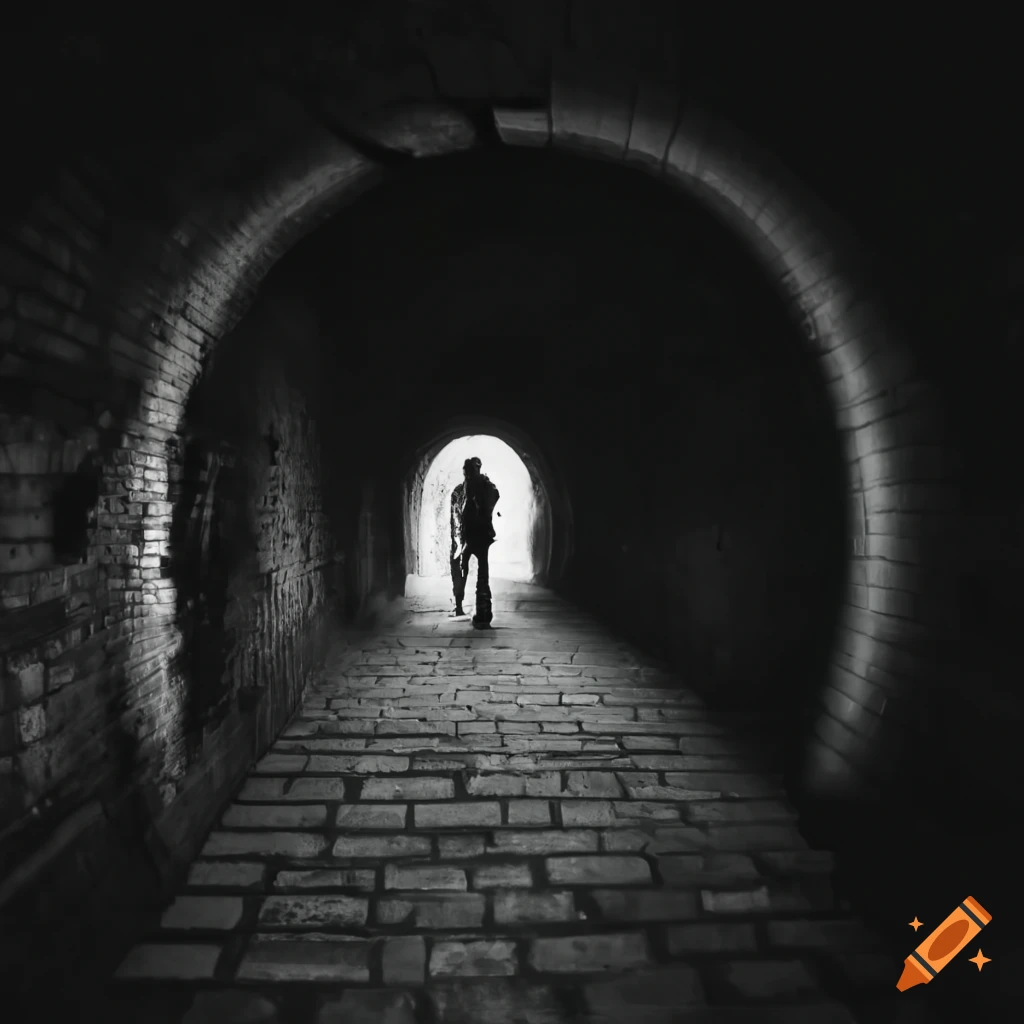 eerie black and white image of a figure walking in a tunnel