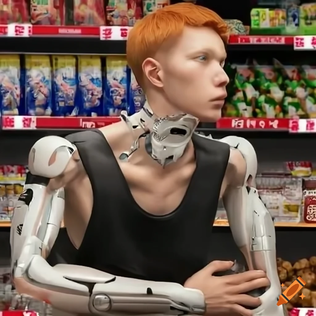 cyborg cashier in a Japanese convenience store