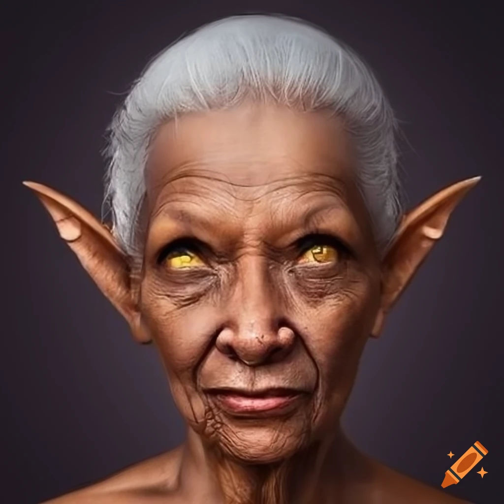 Old human lady druid with very short white hair, multiple piercings on the  left ear, tanned skind, short in size on Craiyon