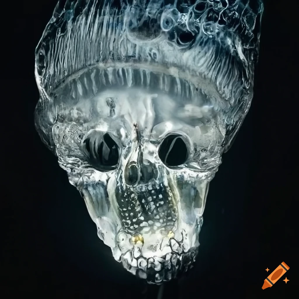 silver plastic sculpture of an ancient crystal mask skull jellyfish