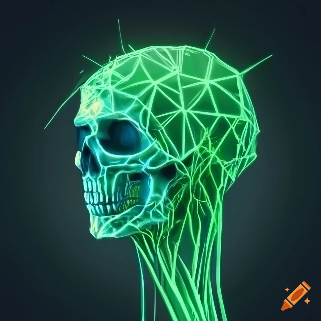 Neon green synthwave art of a nekron skull on Craiyon