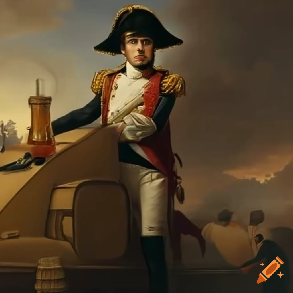 Satirical image of napoleon driving a tank with vodka