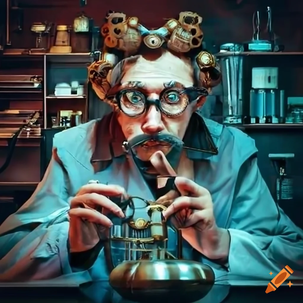 image of a steampunk scientist in a laboratory