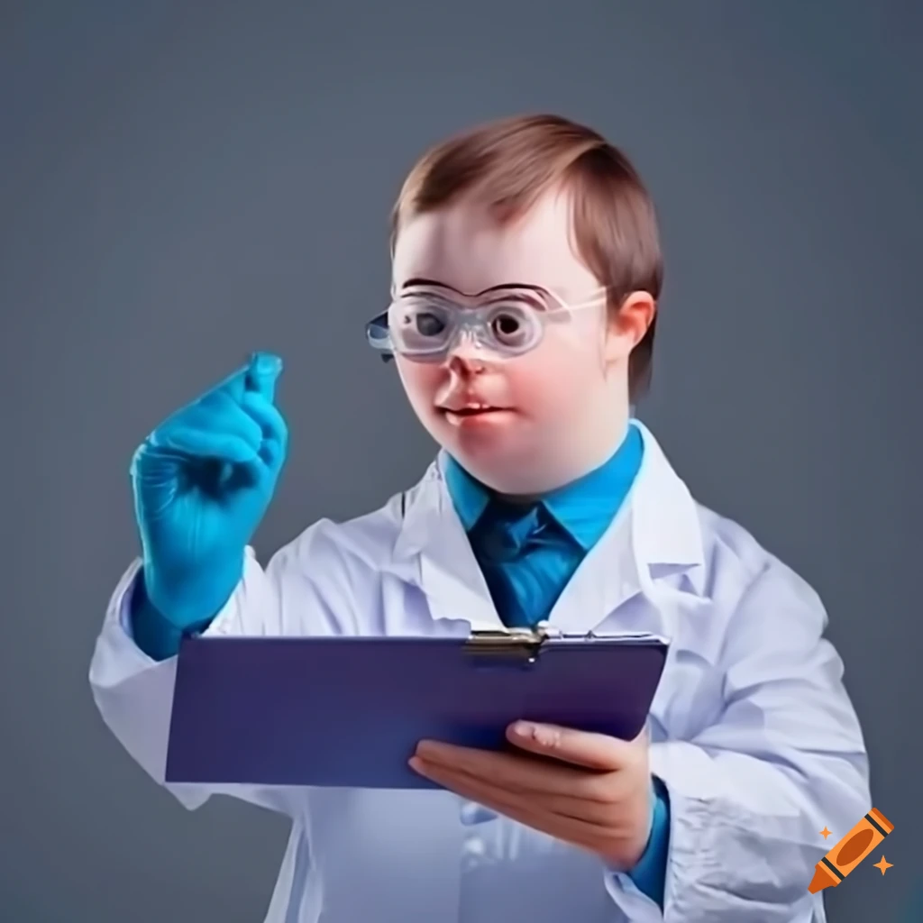 Scientist engineer with down syndrome in lab coat on Craiyon