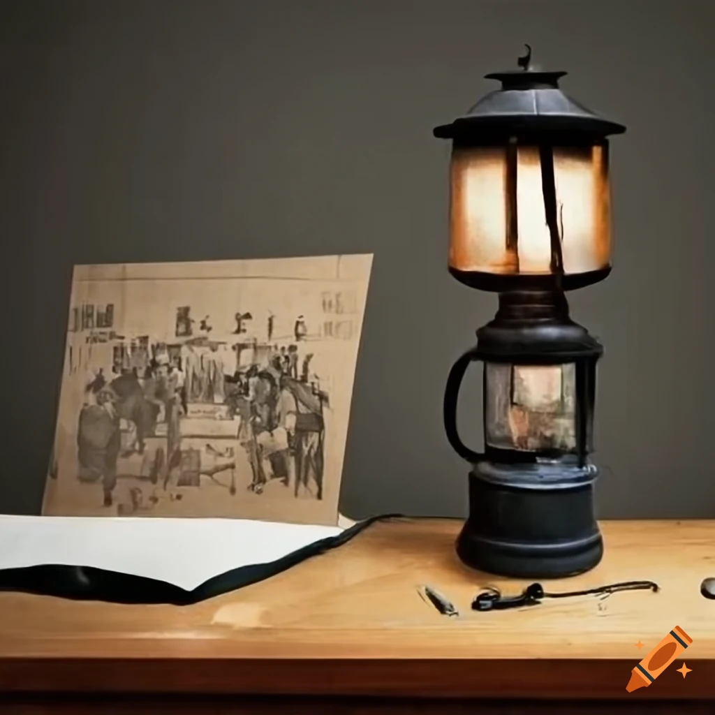 1930s New York newspaper on a desk with a gas lantern