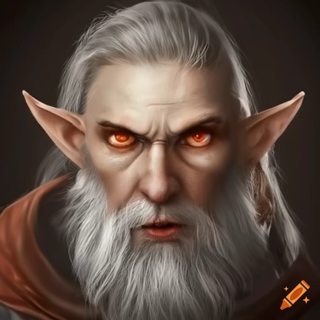 Photo of a male gray-skinned elf with long gray beard and orange eyes ...