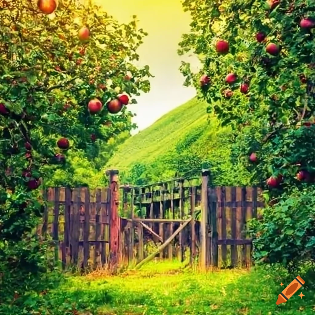 green valley with a gate leading to an apple orchard